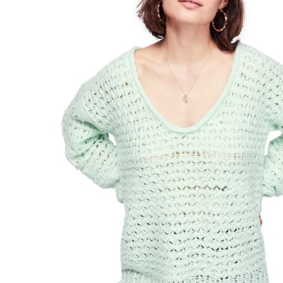 Free People Mint Green Crashing Waves Pullover Knit Sweater W-353 Size Small - Picture 2 of 12